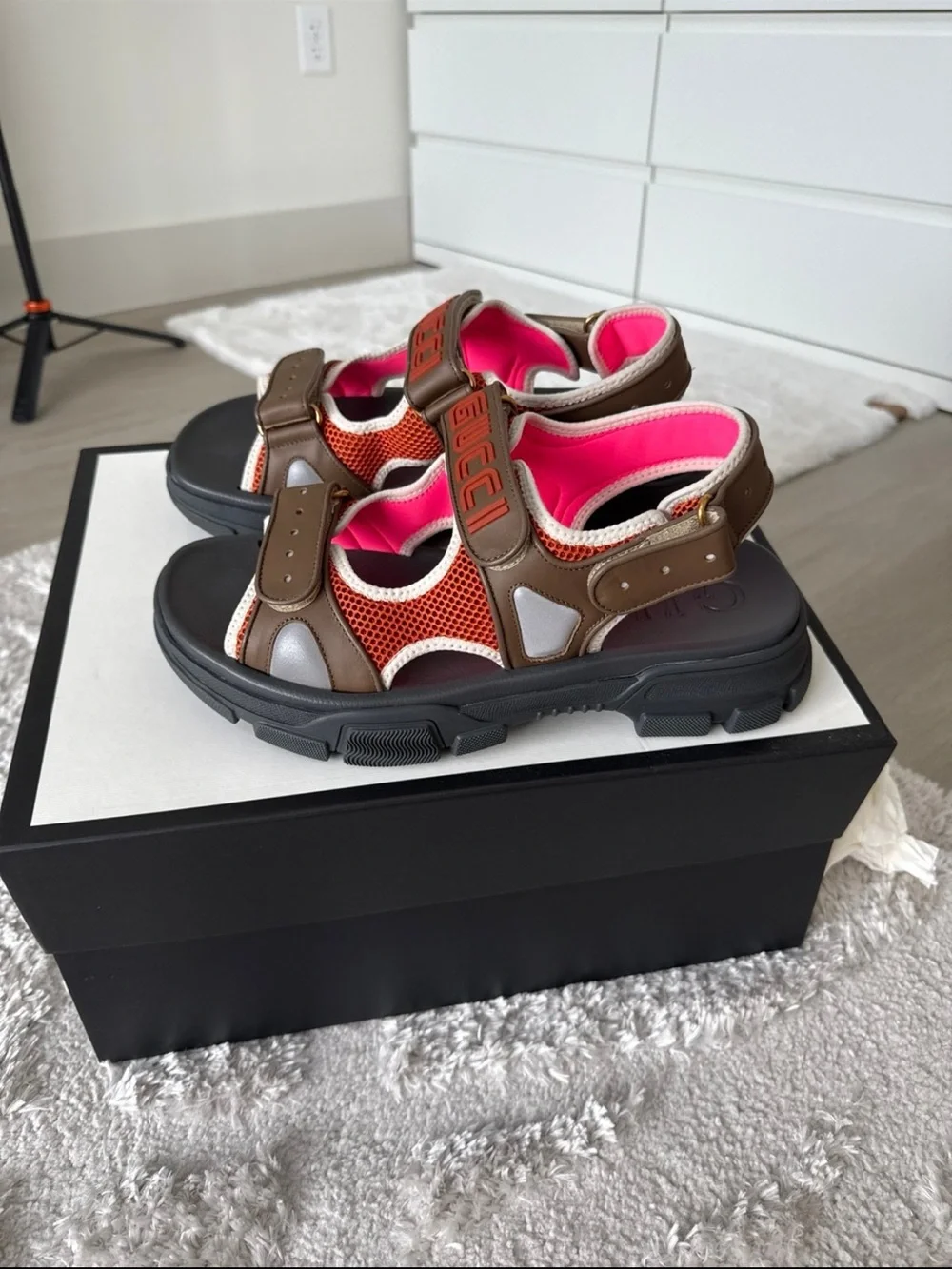 Gucci Brown, Orange & Black Leather Mesh Sport Sandals